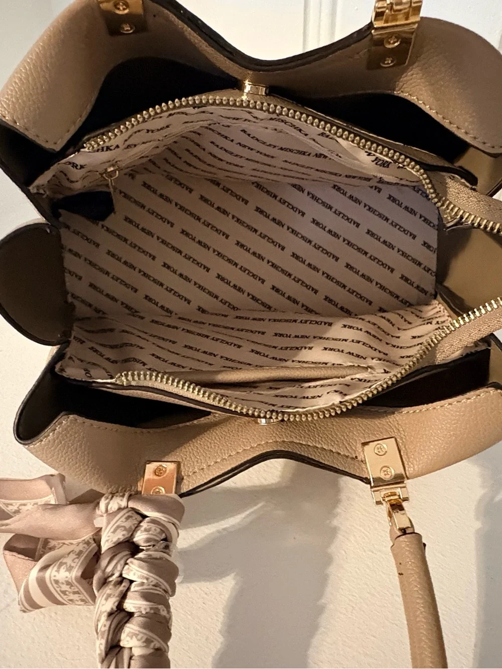 Structured Taupe Satchel Handbag with Scarf Accent by